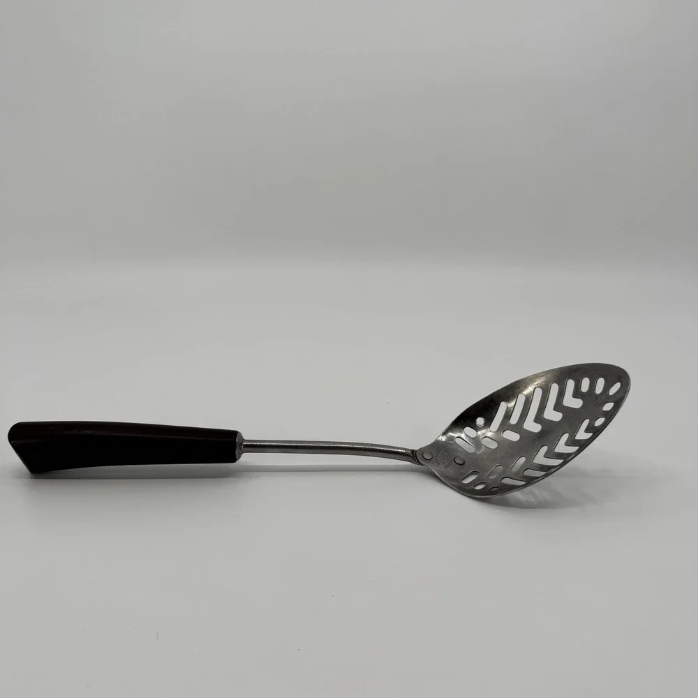 Vtg 50s A J Stainless Steel Slotted Serving Spoon Bakelite Handle Made In USA
